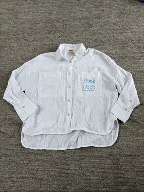 Magaschoni White Button-Down Organic Cotton Shirt with Teal Logo